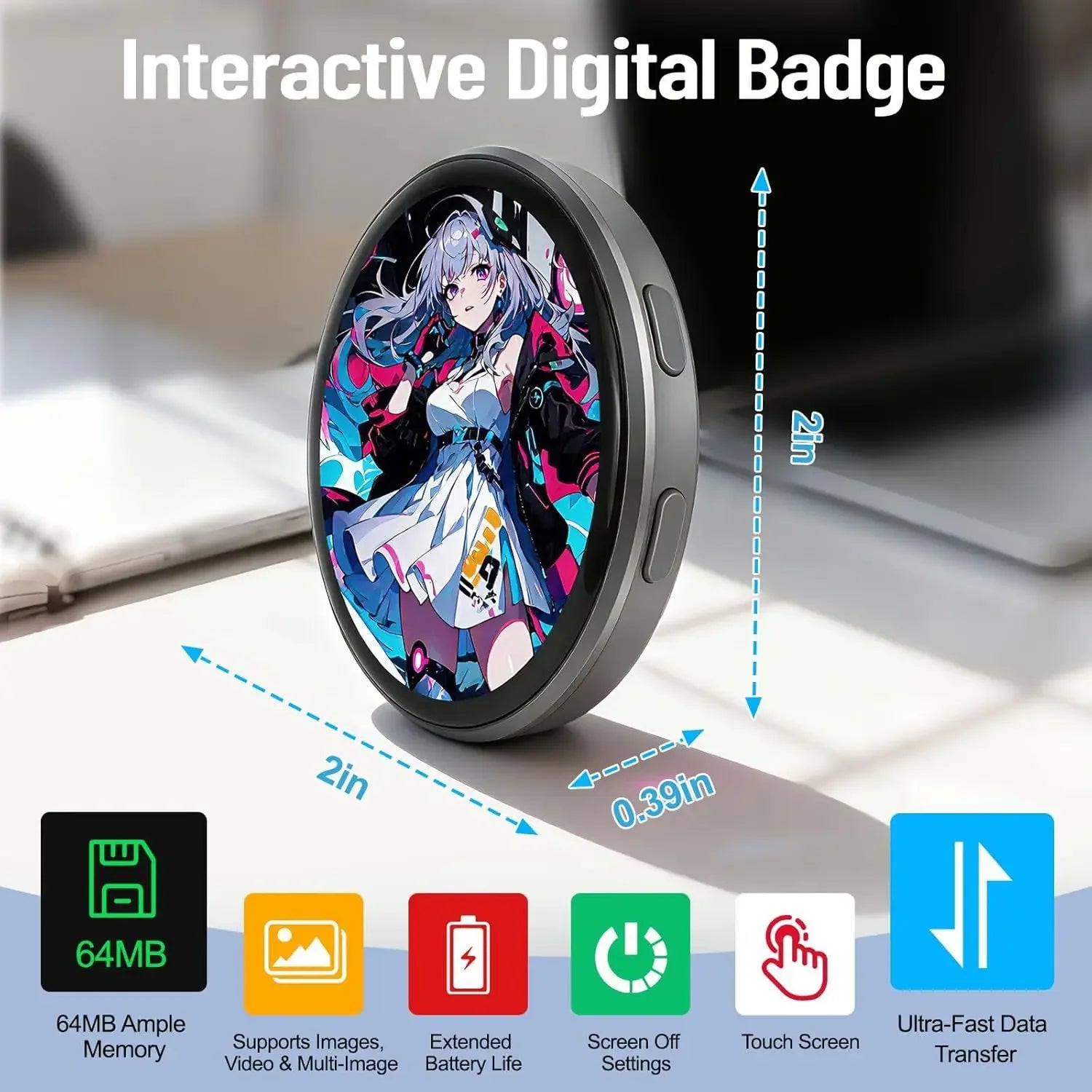 Cyber Badge — 1.7" HD Touch Screen LED Display Pin with Video & Bluetooth