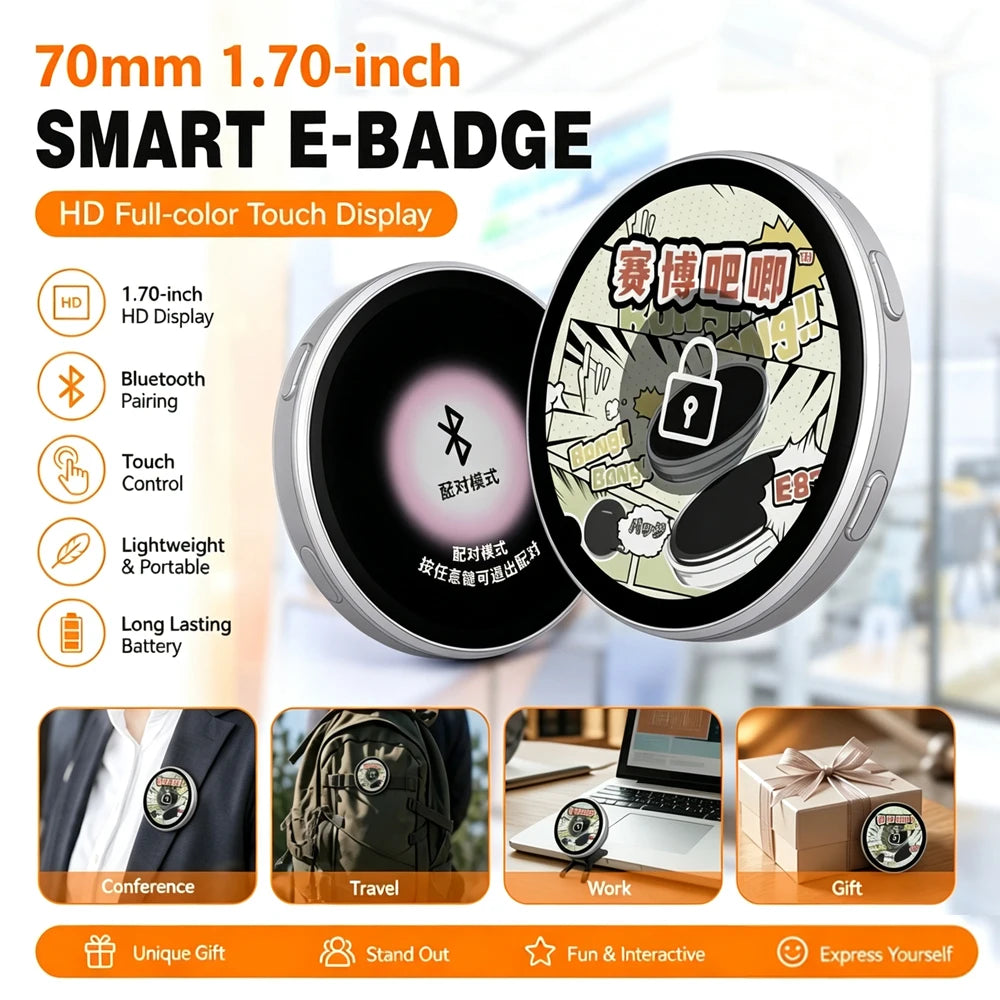 E-Badge Dynamic — 1.7" LED Display Pin with Bluetooth App Control